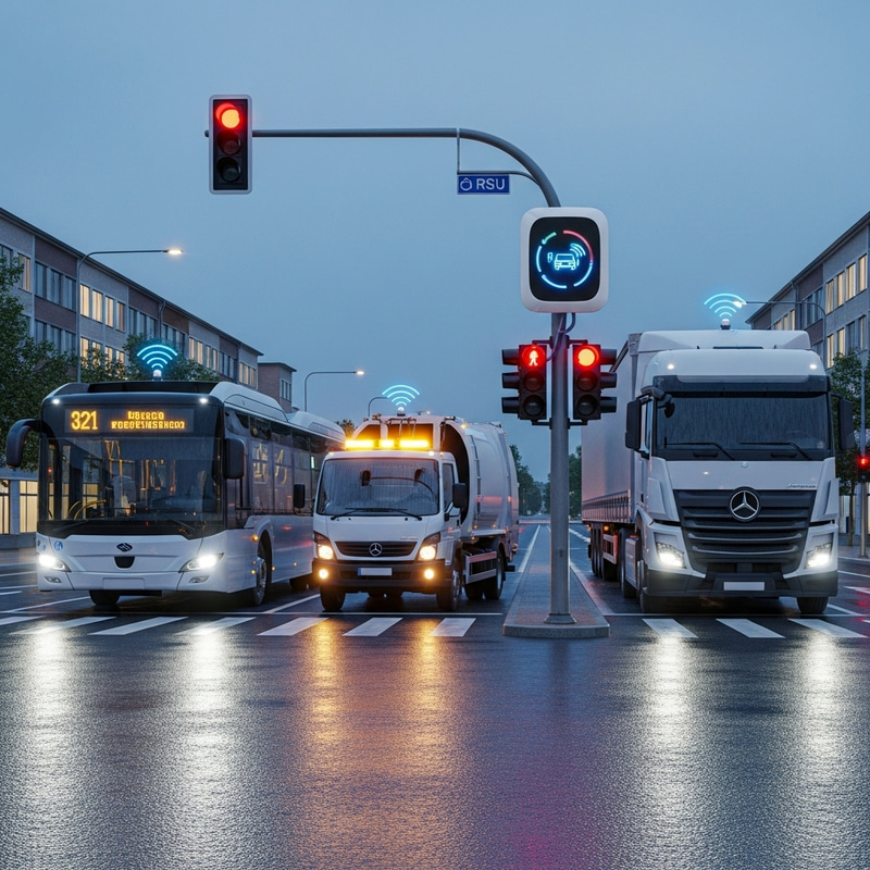 Crossroads with Public Bus, Sanitation Vehicle & Heavy-duty Truck at Traffic Light