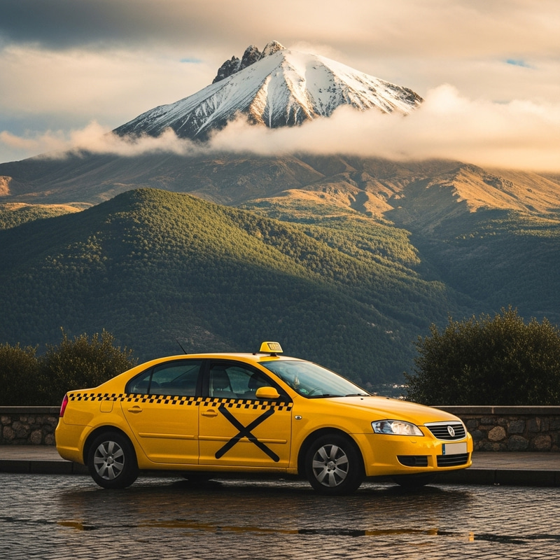 Vibrant Yellow Taxi and the Majestic Sacred Canigou Mountain Vibrant Yellow Taxi and the Majestic Sacred Canigou Mountain