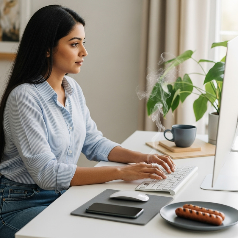 South Asian Woman Working at Home Office Desk | Multitasking with Sausage Snack South Asian Woman Working at Home Office Desk | Multitasking with Sausage Snack