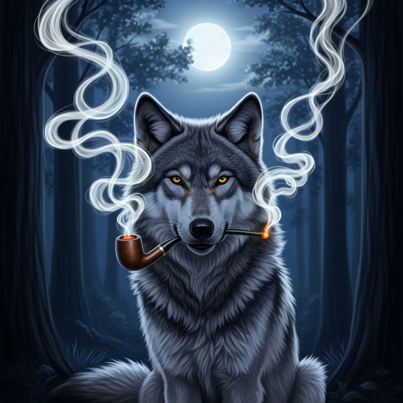 Smoking Wolf in Moonlit Forest