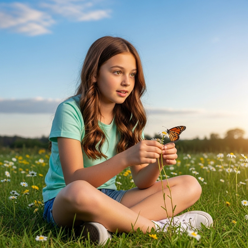 Curious Girl with Monarch Butterfly in Serene Field Curious Girl with Monarch Butterfly in Serene Field