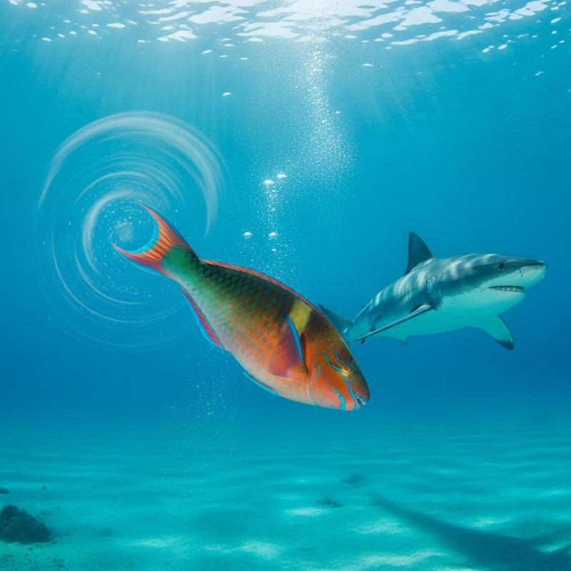 Bright Fish in Azure Water with Huge Shark Nearby