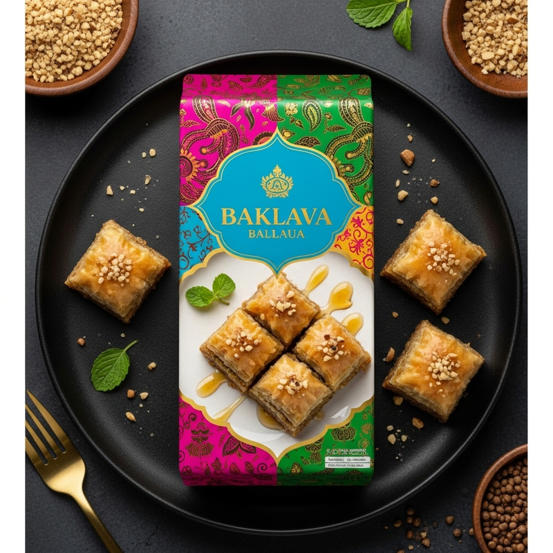 Vibrant Indonesian Baklava Packaging Design with Traditional Flair Vibrant Indonesian Baklava Packaging Design with Traditional Flair
