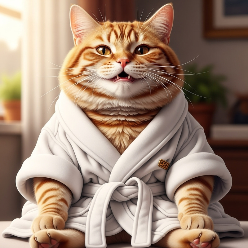 Adorable Smiling Chubby Ginger Cat in Bathrobe Adorable Smiling Chubby Ginger Cat in Bathrobe