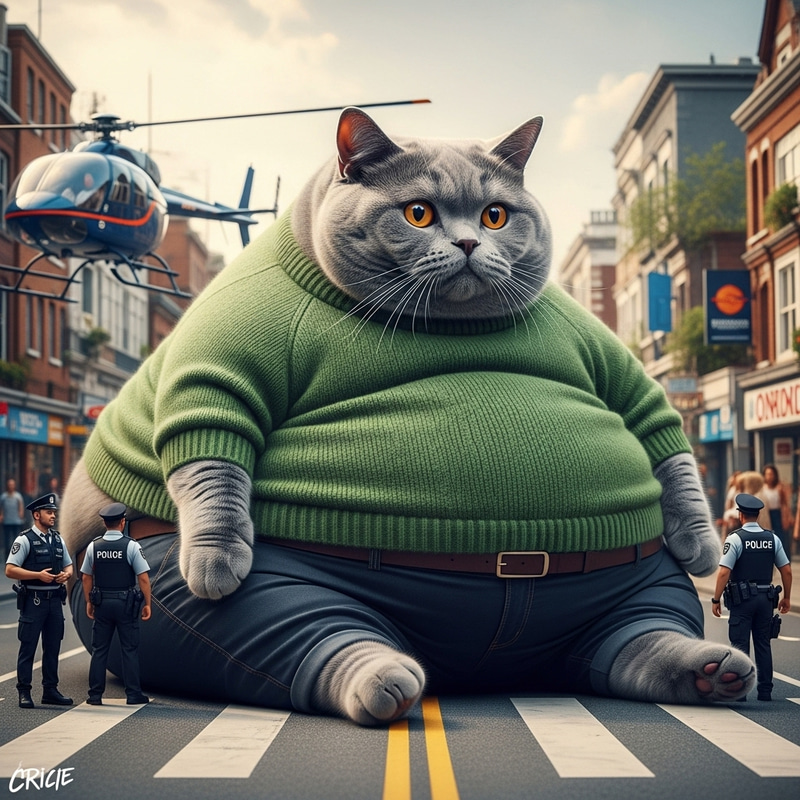 Enormous Grey British Shorthair Cat in Green Sweater - Realistic Photo