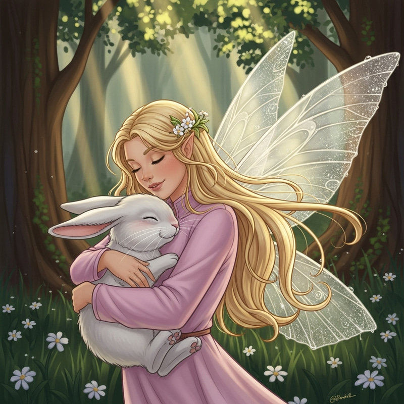 Enchanting Blonde Fairy and Bunny Artwork