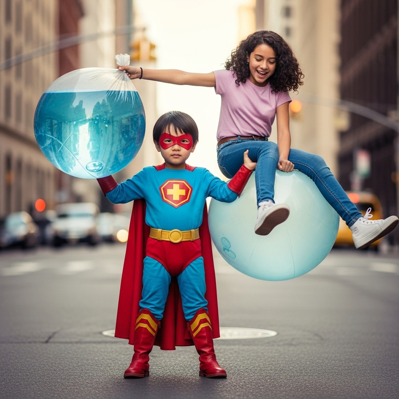 Young Asian Superhero Stands Tall with Inflated 'Diaper' & Joyful Hispanic Teen Girl Young Asian Superhero Stands Tall with Inflated 'Diaper' & Joyful Hispanic Teen Girl
