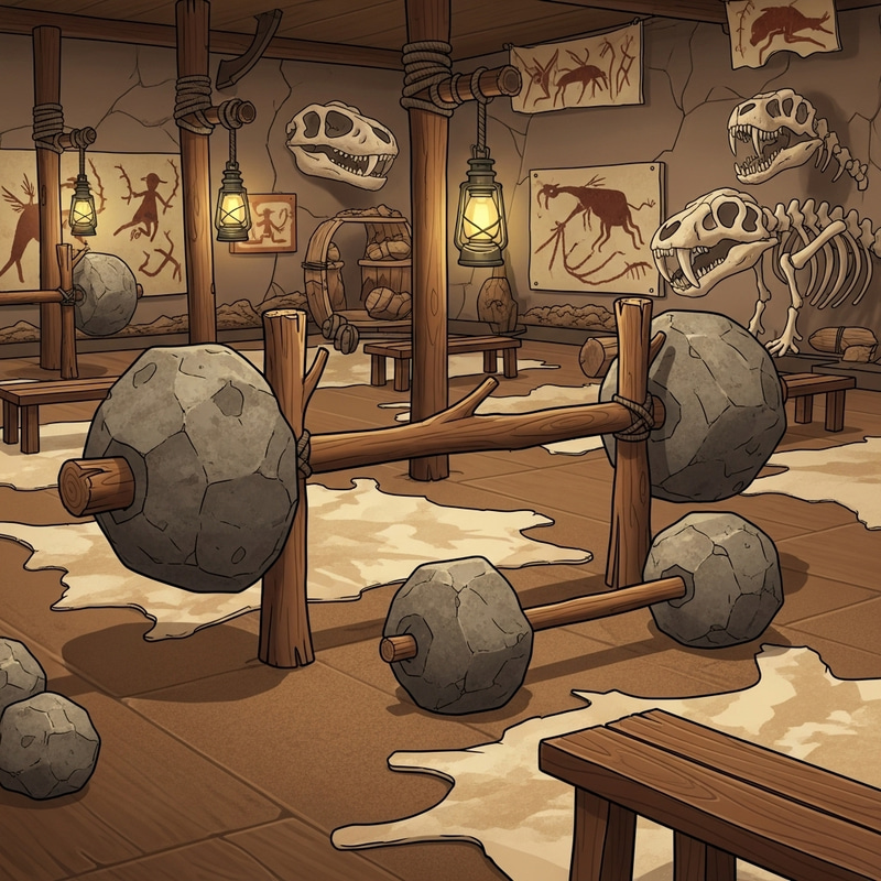 Stone Age Cartoon Gym: Workout in Prehistoric Style Stone Age Cartoon Gym: Workout in Prehistoric Style