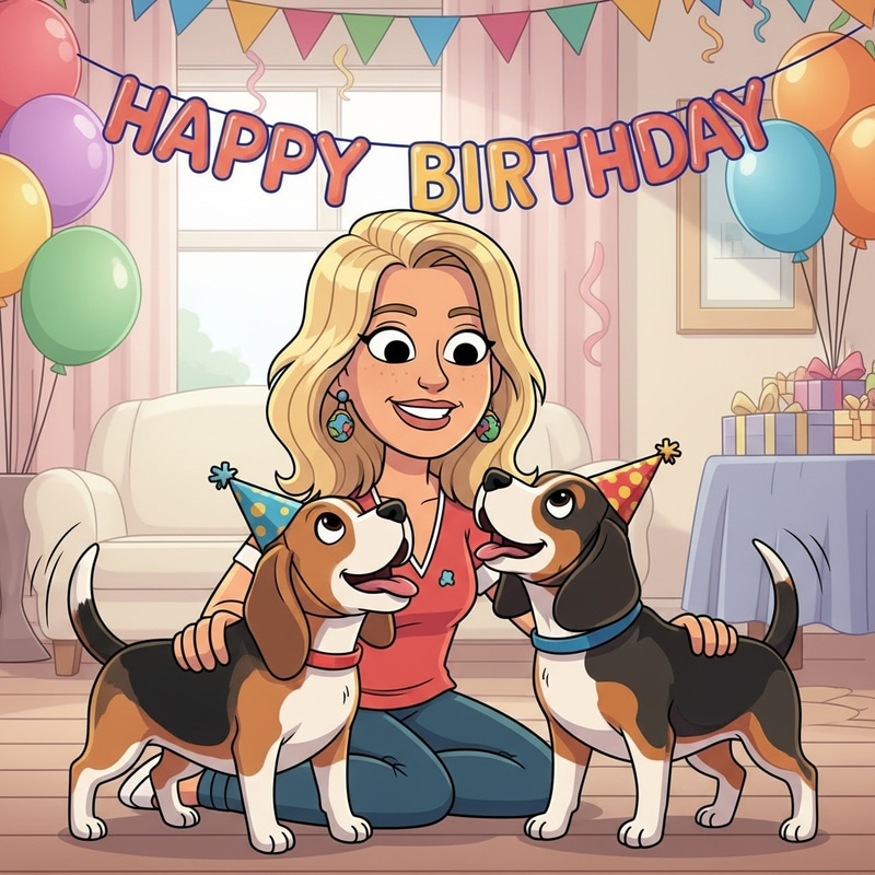 Blonde Woman with Two Beagles - Birthday Celebration Blonde Woman with Two Beagles - Birthday Celebration