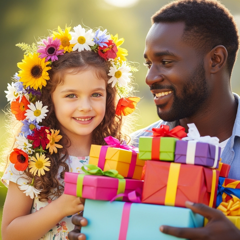 Heartwarming Friendship: Happy Girl with Flowers and Man Bearing Gifts Heartwarming Friendship: Happy Girl with Flowers and Man Bearing Gifts