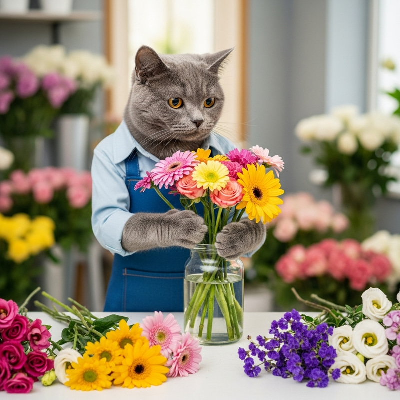 Grey Cat Florist Crafting Colorful Bouquet | Floral Design Grey Cat Florist Crafting Colorful Bouquet | Floral Design