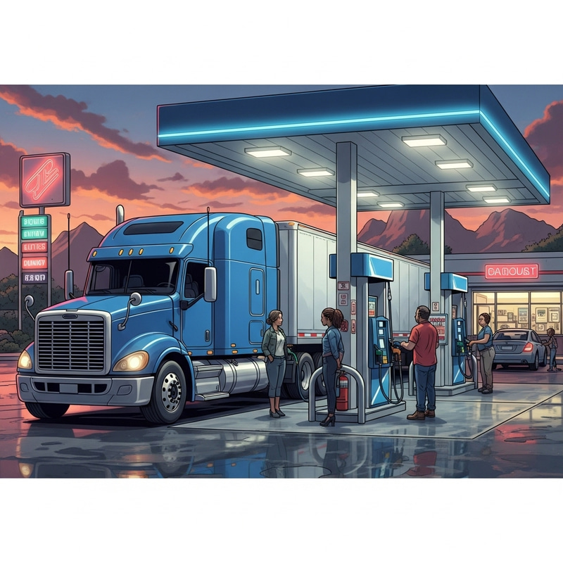 Vibrant Blue Semi Truck at Bustling Gas Station Vibrant Blue Semi Truck at Bustling Gas Station