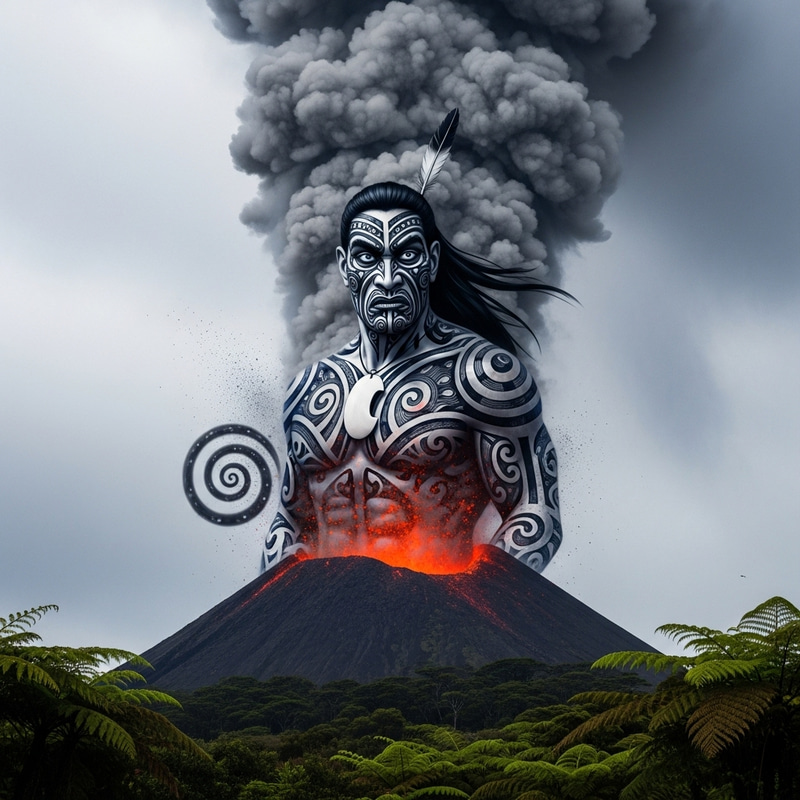 Hyper-Realistic Maori Guardian Volcano Silhouette Art Hyper-Realistic Maori Guardian Volcano Silhouette Art