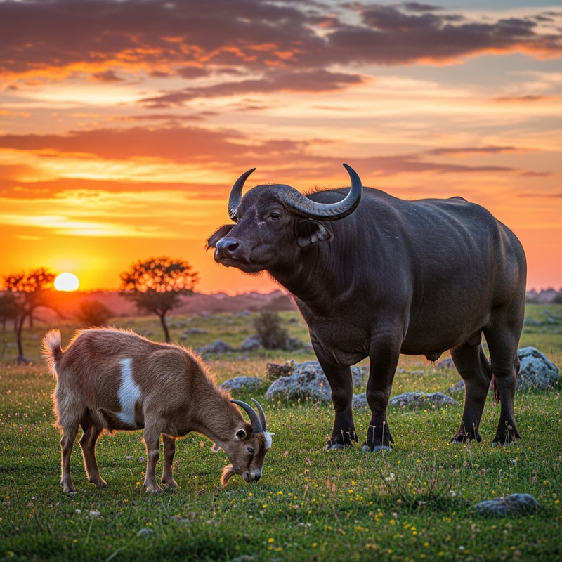 Goat and Buffalo Grazing in Natural Setting Goat and Buffalo Grazing in Natural Setting