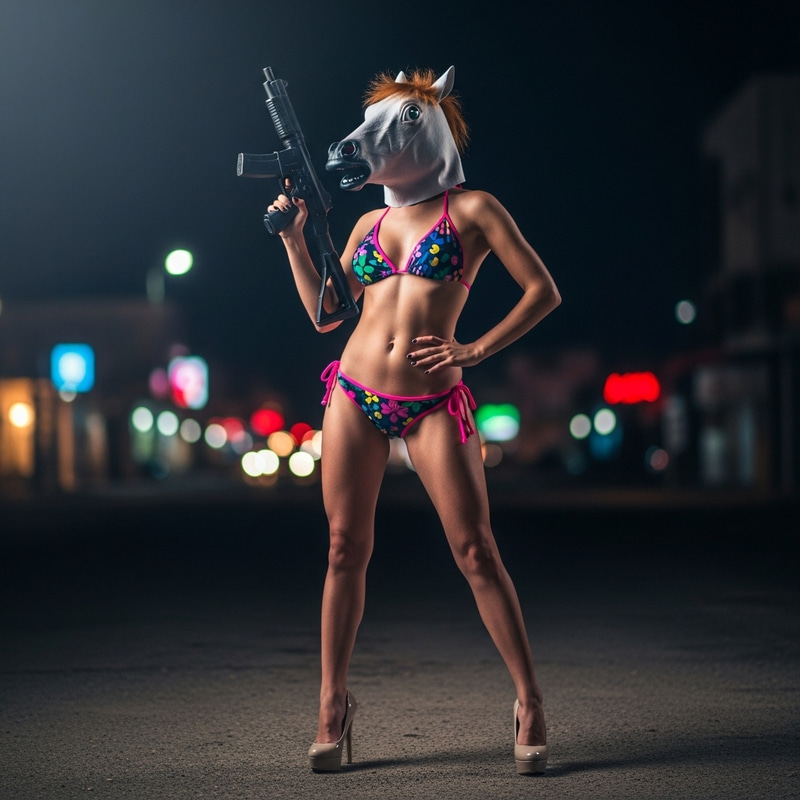 Hispanic Woman in Horse Mask: Urban Fantasy Scene with Firearm