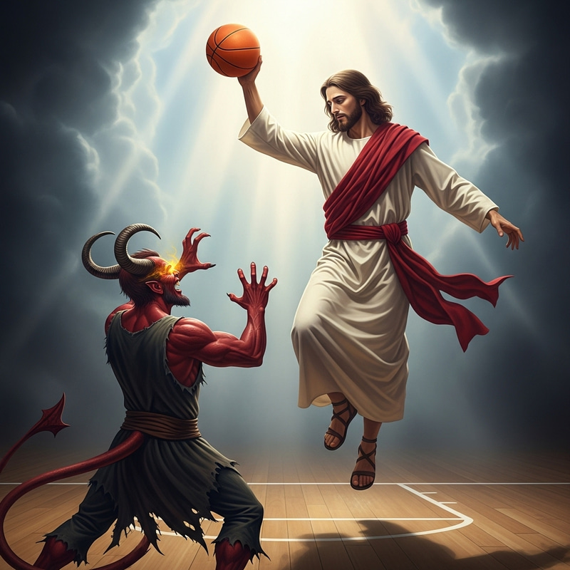 Jesus Dunking Over Satan - Biblical Battle on the Court Jesus Dunking Over Satan - Biblical Battle on the Court