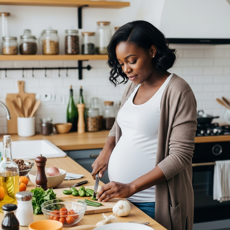 Pregnant Black Woman Cooking and Preparing Pregnant Black Woman Cooking and Preparing