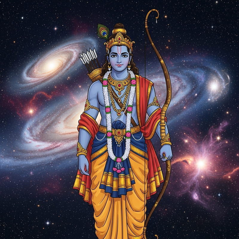Lord Rama in Galaxy - Divine Mythological Figure Amid Cosmic Splendor Lord Rama in Galaxy - Divine Mythological Figure Amid Cosmic Splendor