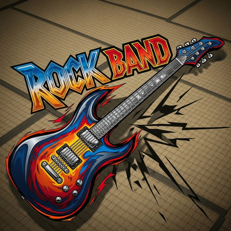 Rock Band Logo Incorporating Tatami Mat and Electric Guitar