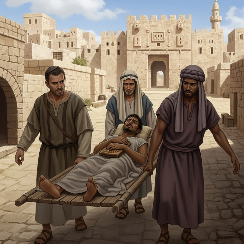 Ancient Israeli Men Transporting Sick Man at a City Gate Ancient Israeli Men Transporting Sick Man at a City Gate