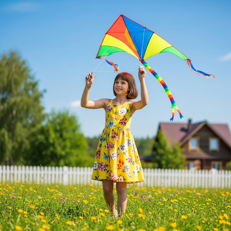 Joyful Girl with a Colorful Kite in the Meadow Joyful Girl with a Colorful Kite in the Meadow