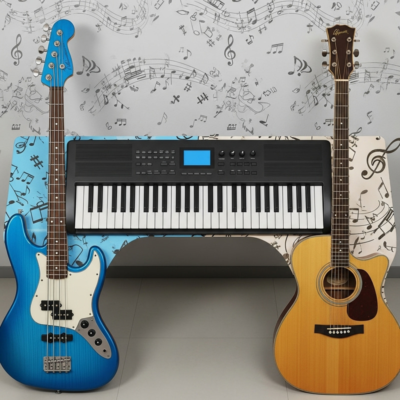 Music-Themed Keyboard, Bass Guitar, and Acoustic Guitar Desk Music-Themed Keyboard, Bass Guitar, and Acoustic Guitar Desk