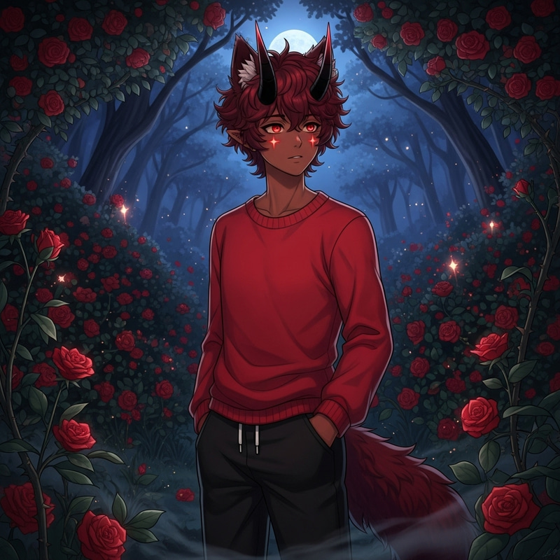 Anime-Style Male Character with Red Hair, Wolf Features & Demon Horns Anime-Style Male Character with Red Hair, Wolf Features & Demon Horns