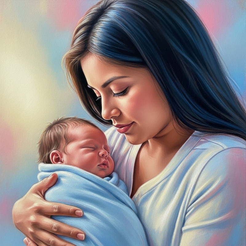 Hispanic New Mother Portrait | Serene Love with Soft Pastel Palette