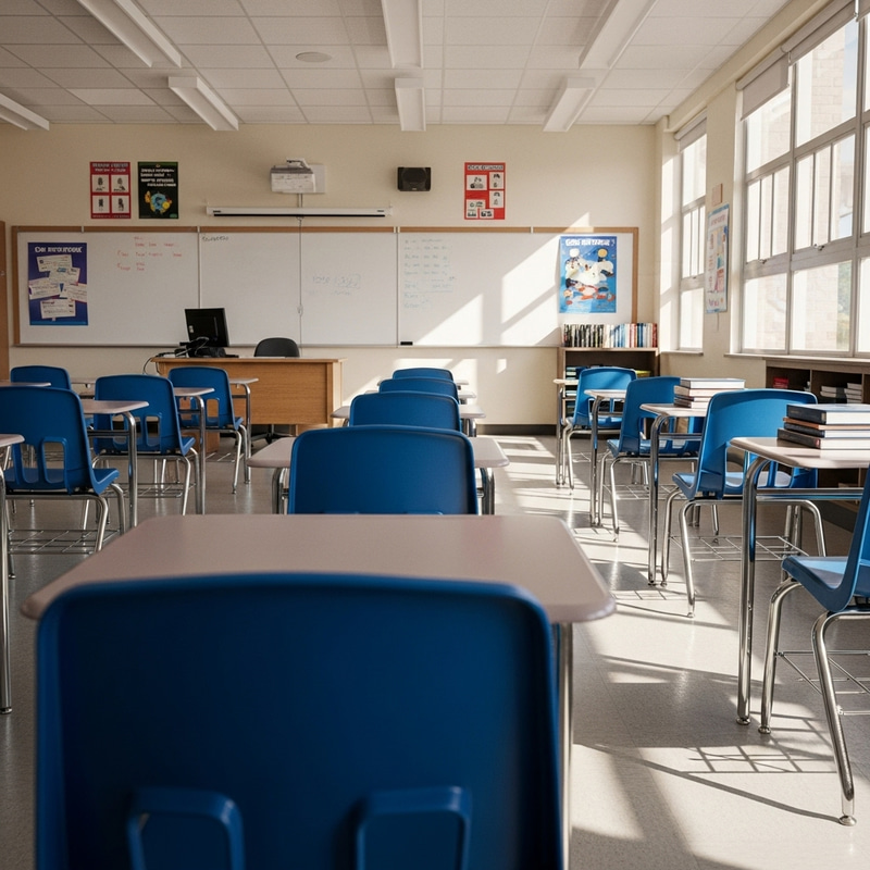 Empty Blue Chairs in Tranquil Classroom Setting Empty Blue Chairs in Tranquil Classroom Setting