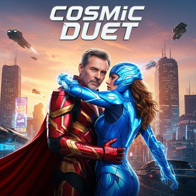 Iron Man Movie Poster: Tony Stark & Blue-Suited Woman Embrace in Futuristic City Iron Man Movie Poster: Tony Stark & Blue-Suited Woman Embrace in Futuristic City