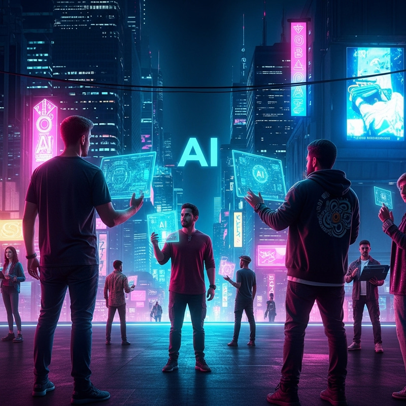 Futuristic Cityscape with Human-AI Integration | Cyberpunk Neon Lights Futuristic Cityscape with Human-AI Integration | Cyberpunk Neon Lights