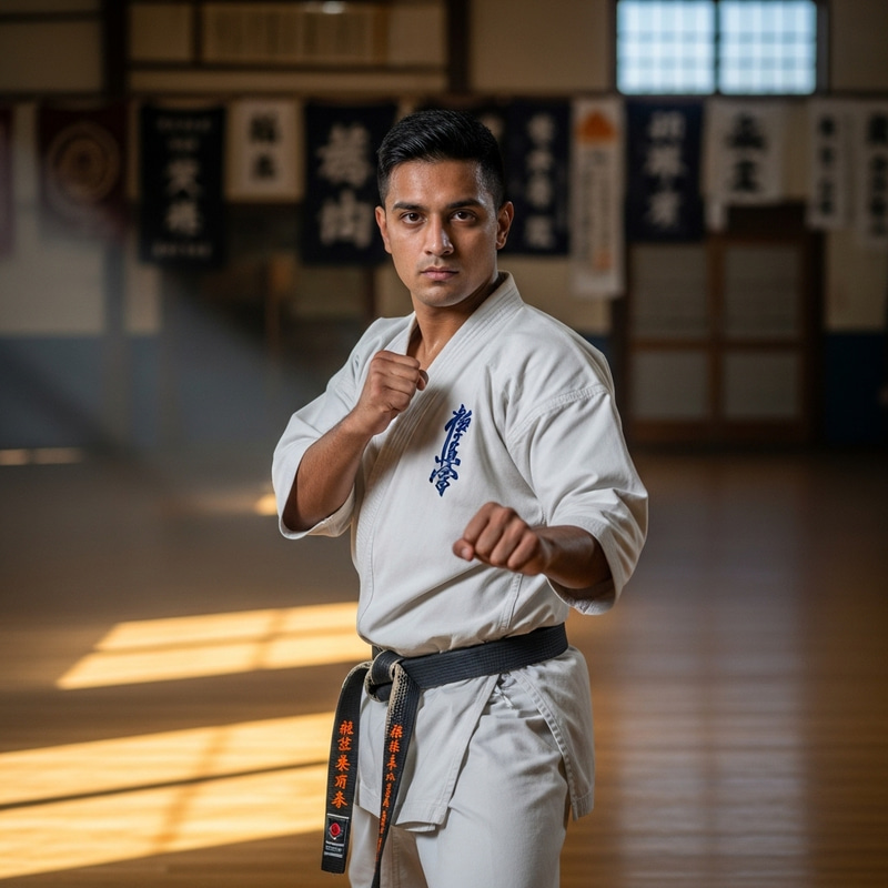Karate Champion in Traditional Gi at Dojo
