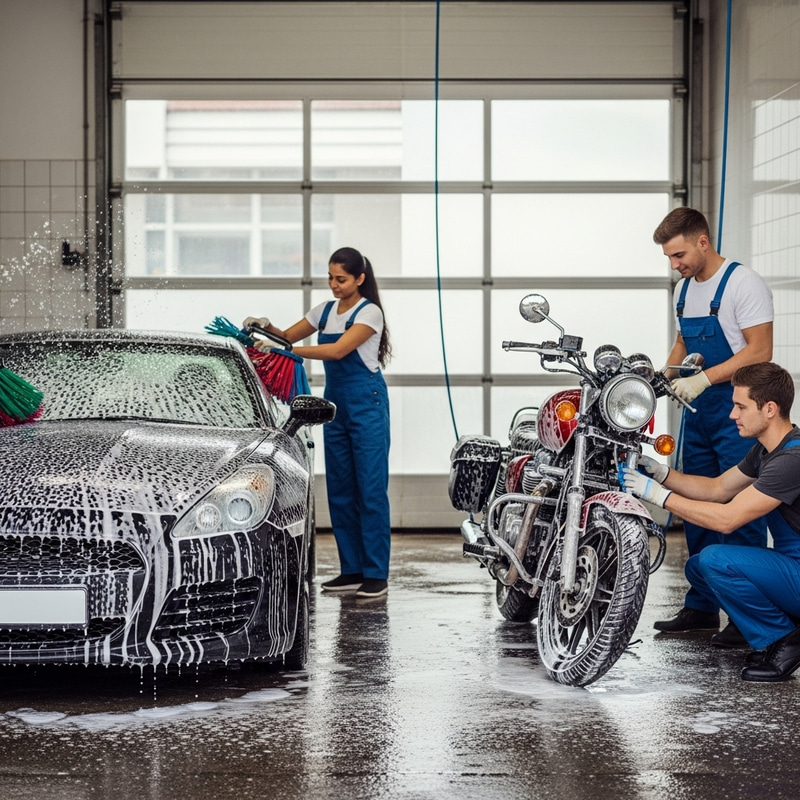Vibrant Car & Motorcycle Wash Scene - Sparkling Vehicles under Care Vibrant Car & Motorcycle Wash Scene - Sparkling Vehicles under Care