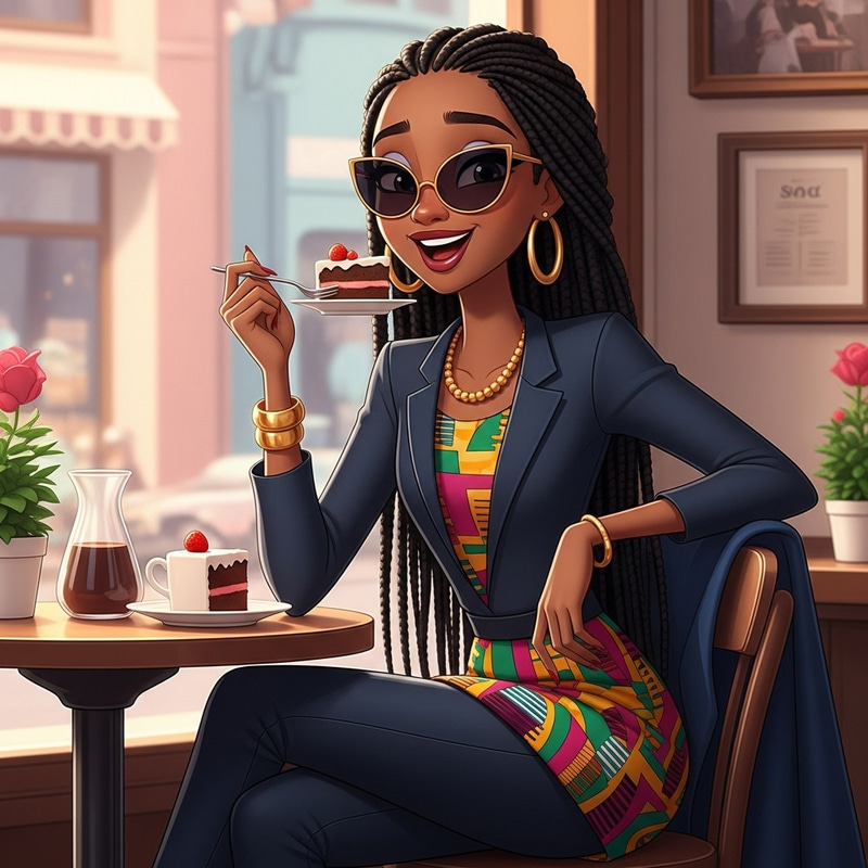 Stylish Black Girl with Long Braids Enjoying Cake in African-Inspired Fashion