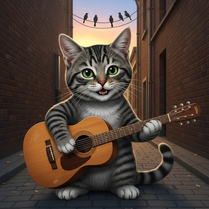 Funny Street Cat Playing Guitar in Sunset Alley