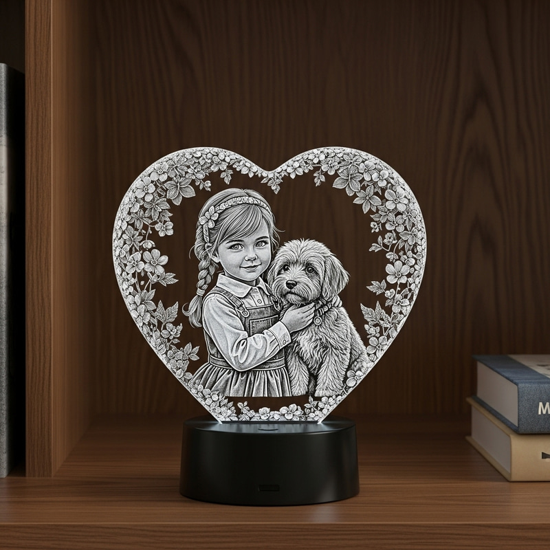 Girl and Dog 3D Engraving in Crystal Heart | LED Base Light