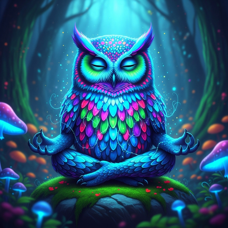 Neon Owl Meditating in Lotus Pose Image Neon Owl Meditating in Lotus Pose Image