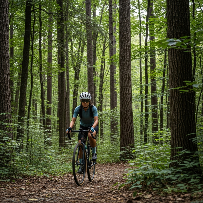 Asian Female Cyclist Riding Gravel Bike in Dense Gunle Forest