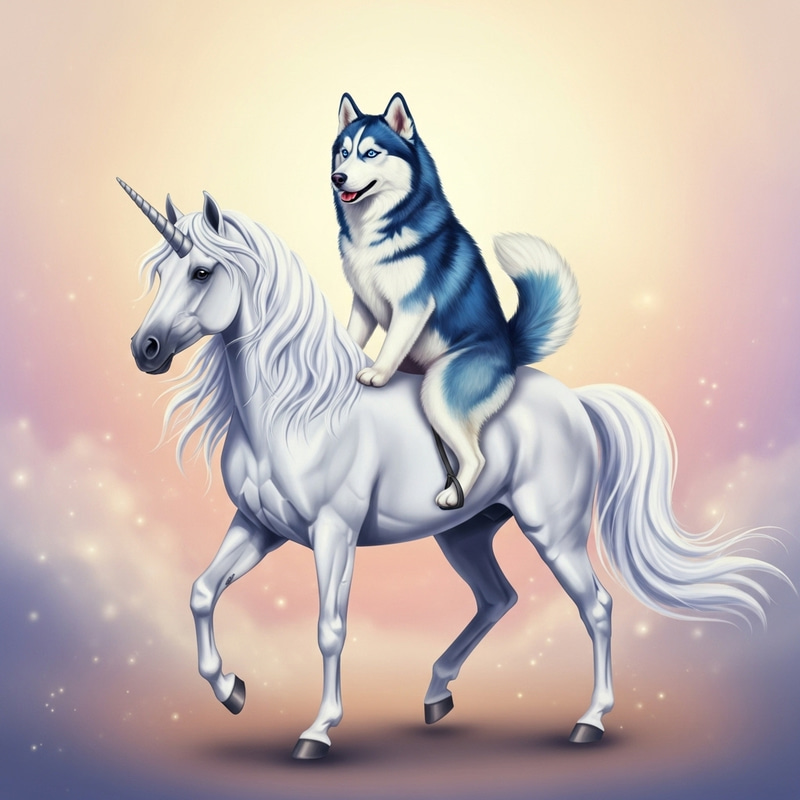 Blue and White Husky on Majestic Unicorn in Pastel Colors Blue and White Husky on Majestic Unicorn in Pastel Colors