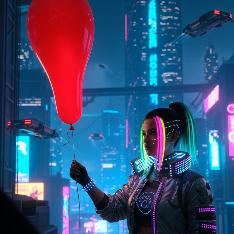 Adorable Cyberpunk Babe Holding Long Red Balloon in 8K Quality Adorable Cyberpunk Babe Holding Long Red Balloon in 8K Quality