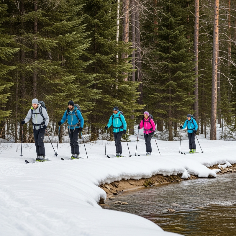 Skiing through Pine Forest by Snowy River Bank Skiing through Pine Forest by Snowy River Bank