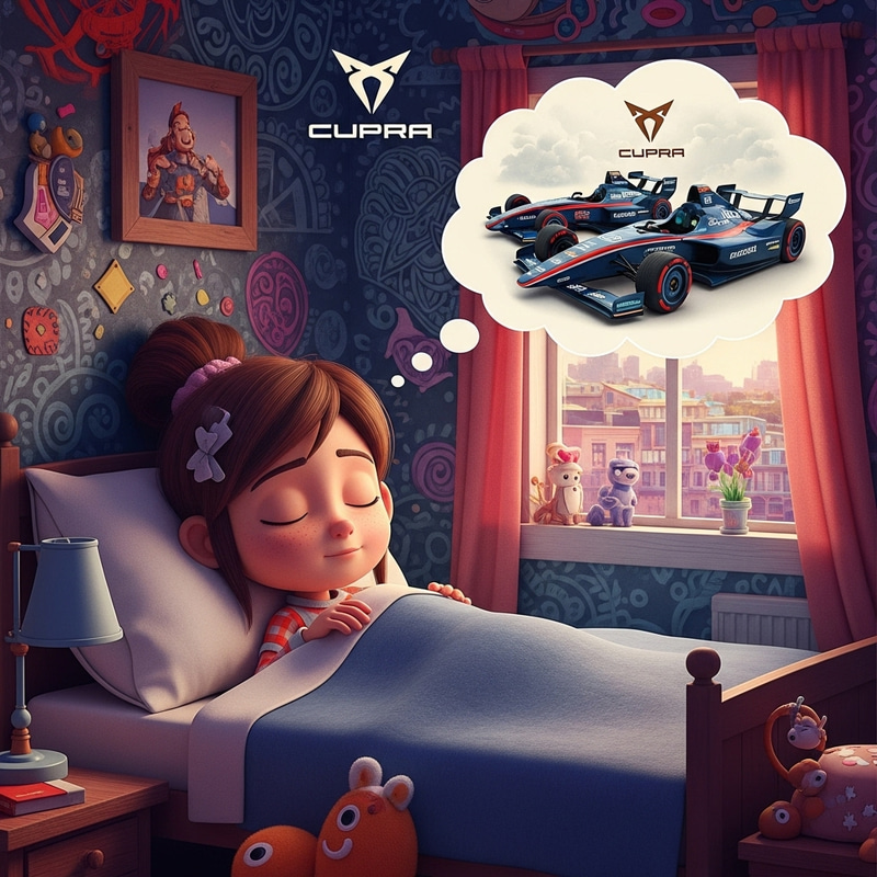 Whimsical Cartoon Poster: Young Girl's Dream of Racing Glory - CUPRA Whimsical Cartoon Poster: Young Girl's Dream of Racing Glory - CUPRA