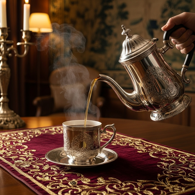 Aristocratic Coffee Pot Pouring Coffee into Mug Aristocratic Coffee Pot Pouring Coffee into Mug