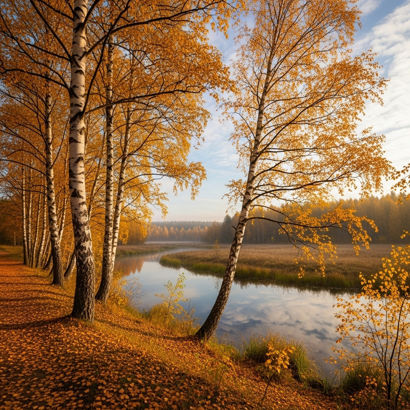 Autumn Birch Trees by Small Lake in Serene Landscape Autumn Birch Trees by Small Lake in Serene Landscape