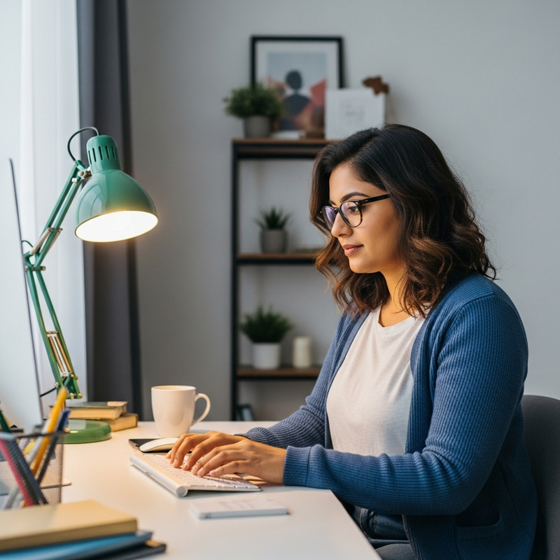 Brown-haired woman with glasses working on laptop Brown-haired woman with glasses working on laptop