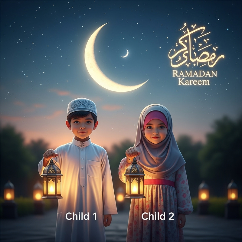 Ramadan Lantern Tradition: Children with Crescent Moon