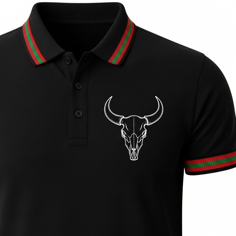 Bull's Skull Dart Polo Shirt with Black, Green & Red Design Bull's Skull Dart Polo Shirt with Black, Green & Red Design
