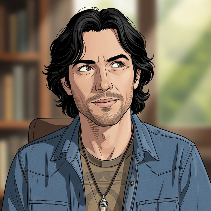 Hippie Genius: Younger-Looking 45-Year-Old Man with Black Wavy Hair Hippie Genius: Younger-Looking 45-Year-Old Man with Black Wavy Hair