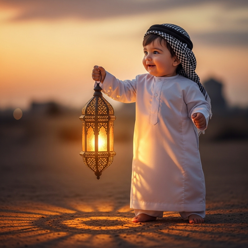 Delightful Middle-Eastern Baby Boy Carrying Glowing Ramadan Fanos