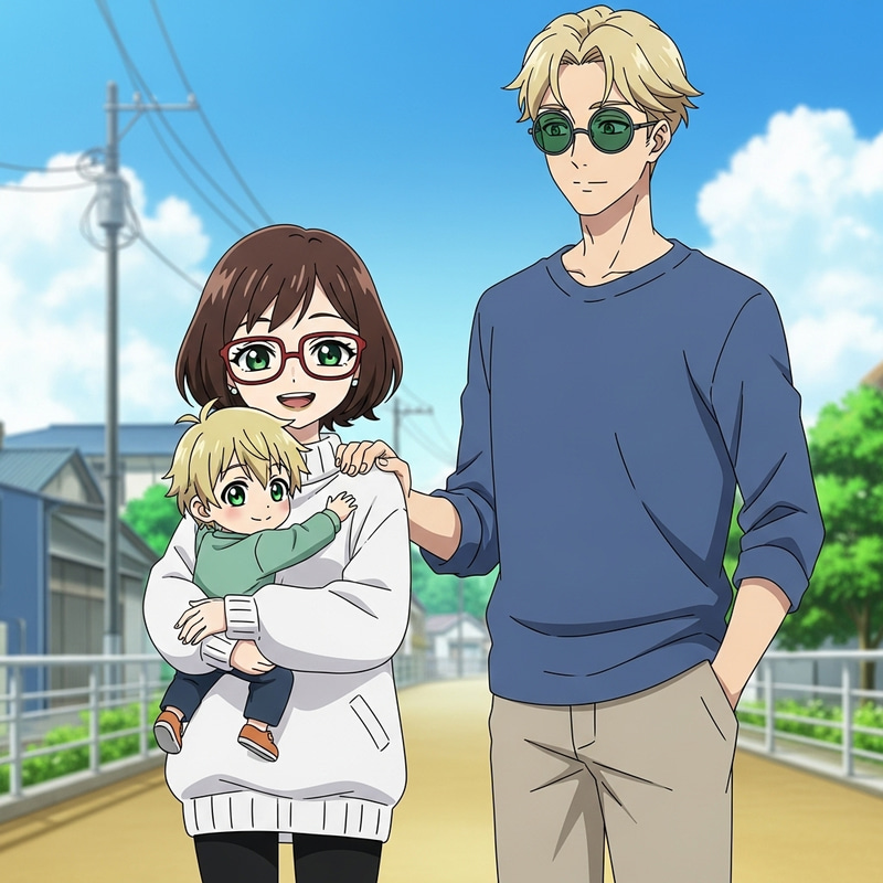 Heartwarming Jujutsu Kaisen Scene with Petite Woman, Little Boy, and Tall Man